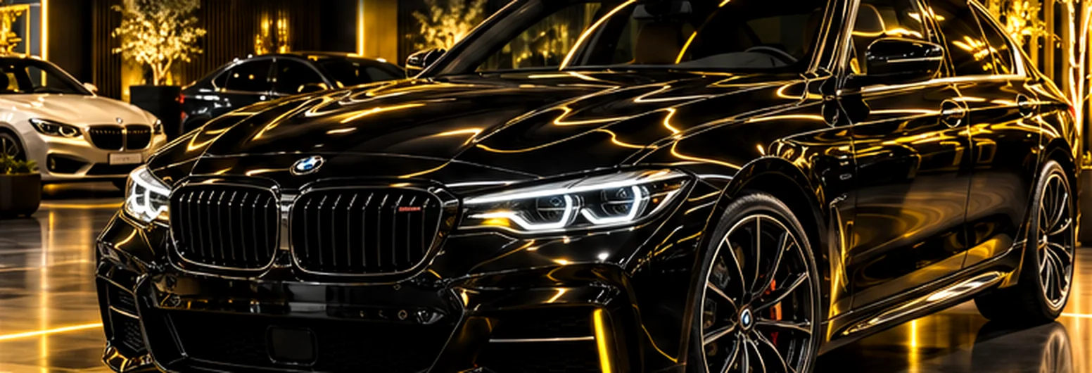 Schwarze Luxuslimousine in einem modernen Showroom mit warmen goldenen Lichtakzenten